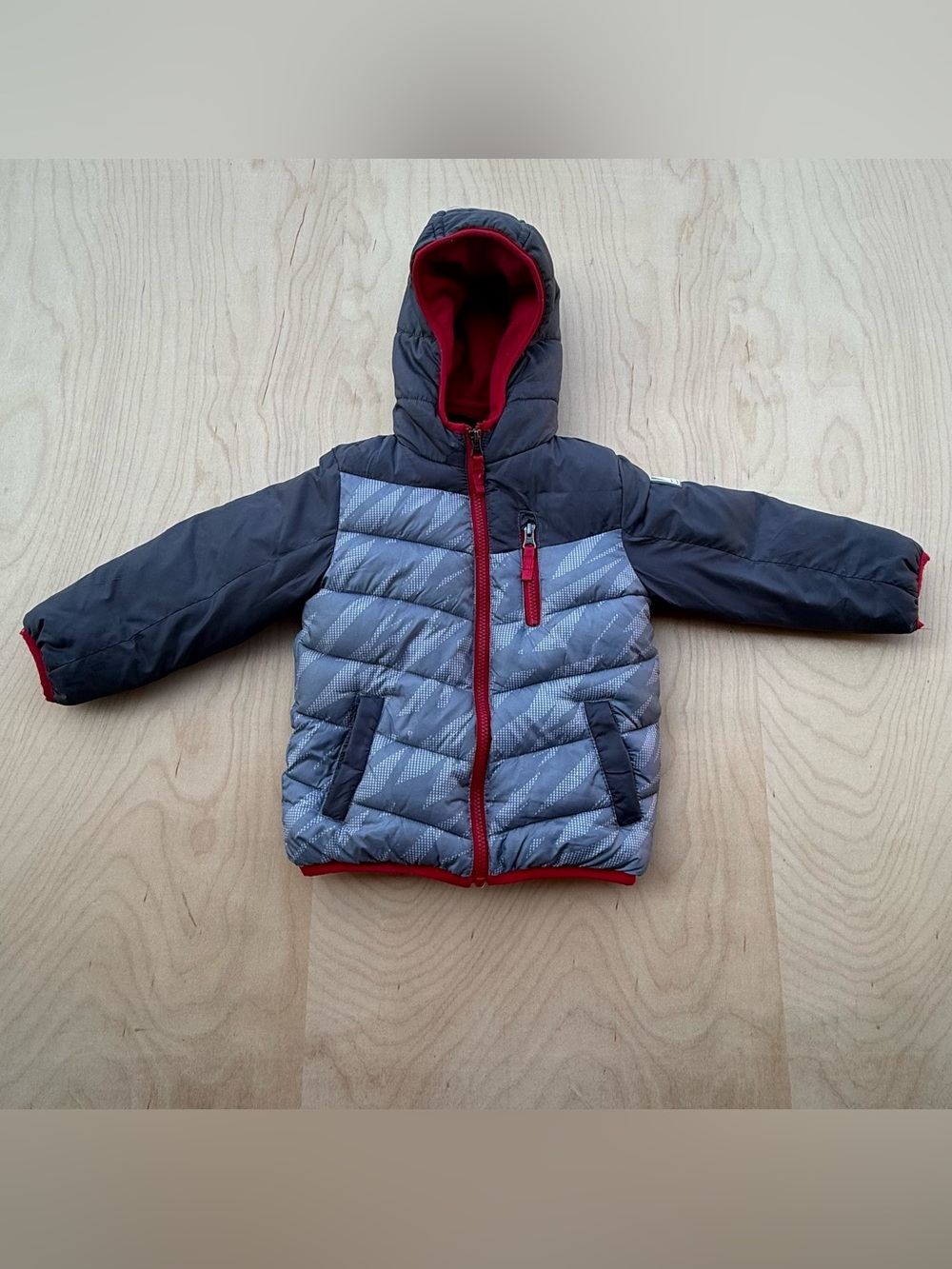 Snozu Toddler Boys Hooded Puffer Jacket Gray Red Fleece Lined Winter Coat 3T